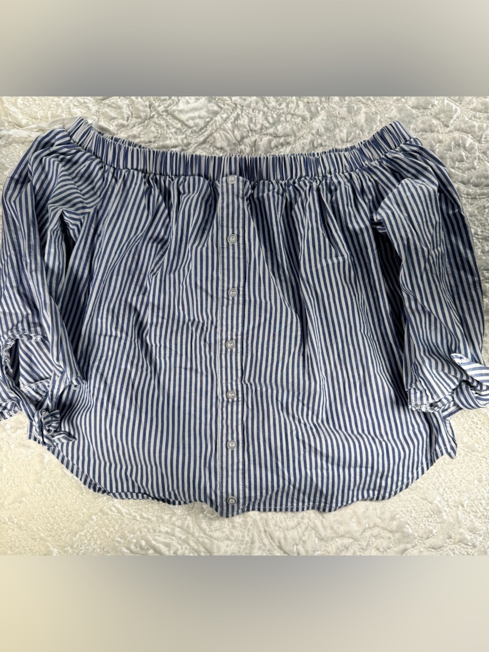 love, Fire Blue and White Striped Off-Shoulder Button Front Top
